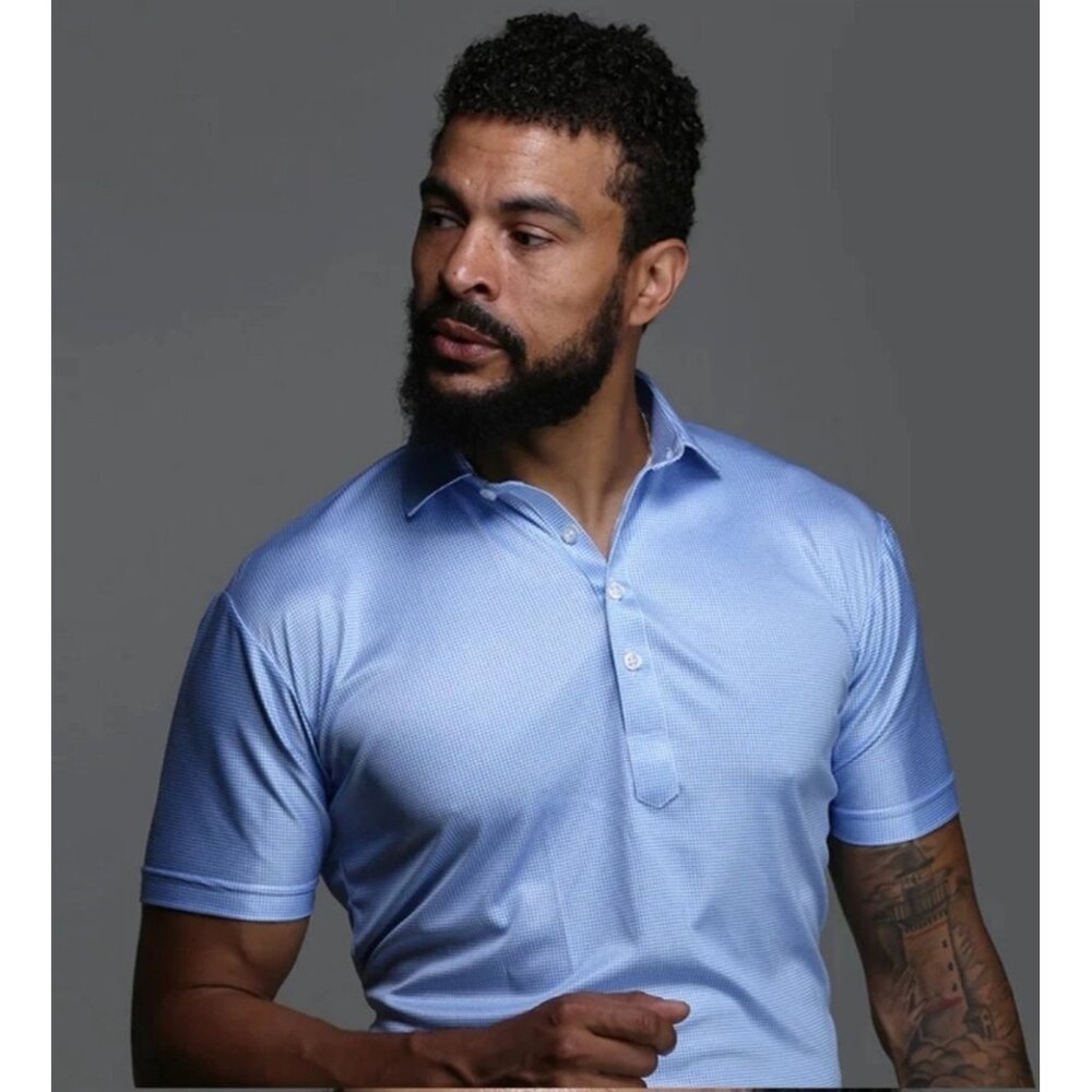 NWT Collars & Co Large Relaxed Semi-Spread Polo Blue Houndstooth Mens Golf